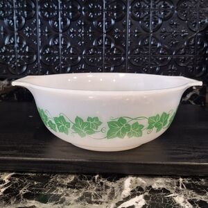 Vintage Glasbake Green Ivy Leaf Cinderella Bowl With Handles , MCM Milk Glass